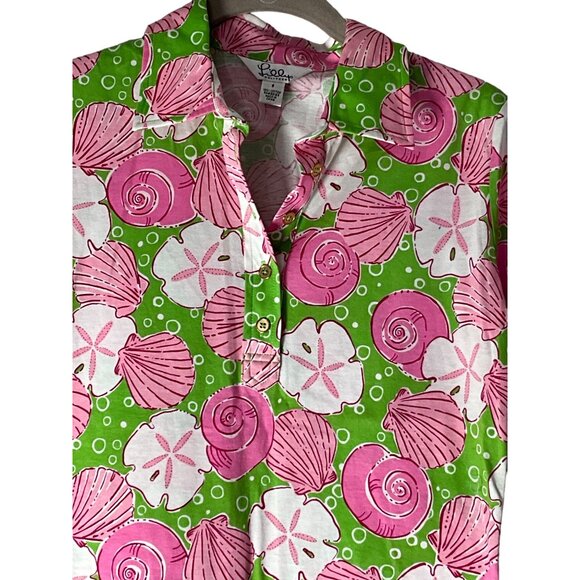 Lilly Pulitzer Women's Small Sea Shell Polo Style Shirt Green/Pinks/White - Picture 3 of 5